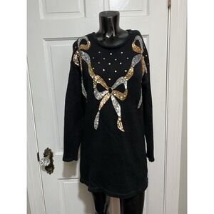 Vintage Black Sweater Bow Gold Silver Sequin Size Small